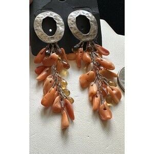Orange Spiny Oyster Citrine Fringed Hammered Sterling Silver Earrings Posts
